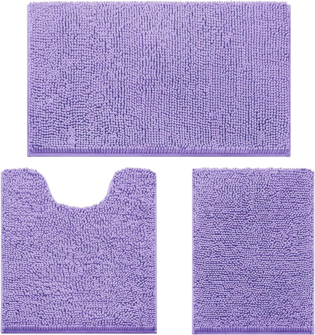 HOMEIDEAS 3 Pieces Bathroom Rugs, Ultra Soft Non Slip Absorbent Chenille Toilet Bath Mat Set (Lavender) (1'8" x 2'8" (17"x24"+20"x32"+U Shape 20"x24"))