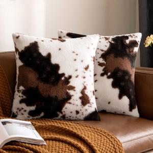 Woaboy Pack of 2 Luxury Faux Fur Throw Pillow Covers Cowhide Decorative Soft Fluffy Plush Couch Throws Brindle Cushion Covers for Couch Living Room Sofa Bedroom 18x18 Inch