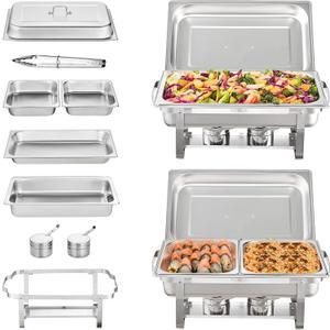 VEVOR Chafing Dish Buffet Set, 8 Qt 2 Pack, Stainless Steel Chafer with 2 Full Size Pans, Rectangle Catering Warmer Server with Glass Lid Water Pan Folding Stand Fuel Holder, for Wedding Party Banquet (Silver)