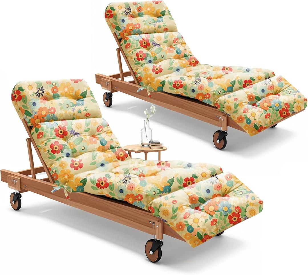 2 Pack Outdoor Chaise Lounge Chair Cushion 75.1 x 22.8 x 4.7 Inches 100% Waterproof Replacement Cotton Patio Pool Lounge Chair Cushion for Outdoor Furniture with Ties, Daisy