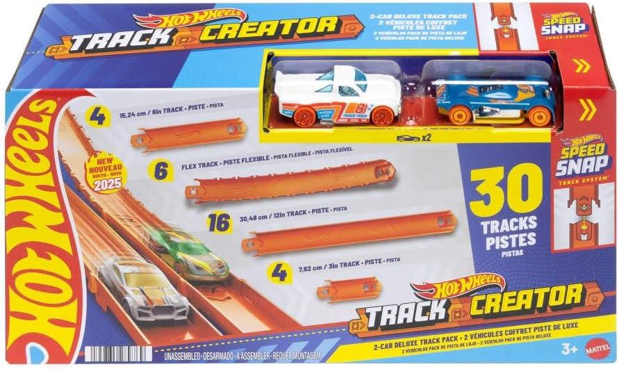 Hot Wheels Track Creator 2-Car Deluxe Pack with 2 1:64 Scale Die-Cast Toy Vehicles, 25 Feet of Different Length Speed Snap Track & Connectors  
