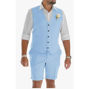 Mens Linen Suit 2 Piece Slim Fit Short Suits Lightweight Prom Tuxedo Vest and Short Pants for Summer Beach Wedding, Size XL