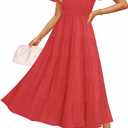 ZESICA Womens Summer Casual Ruched Ruffle Tiered Maxi Dress | Puff Short Sleeve, V Neck, Flowy Dress, Boho Beach Vacation Dress (Red, S)