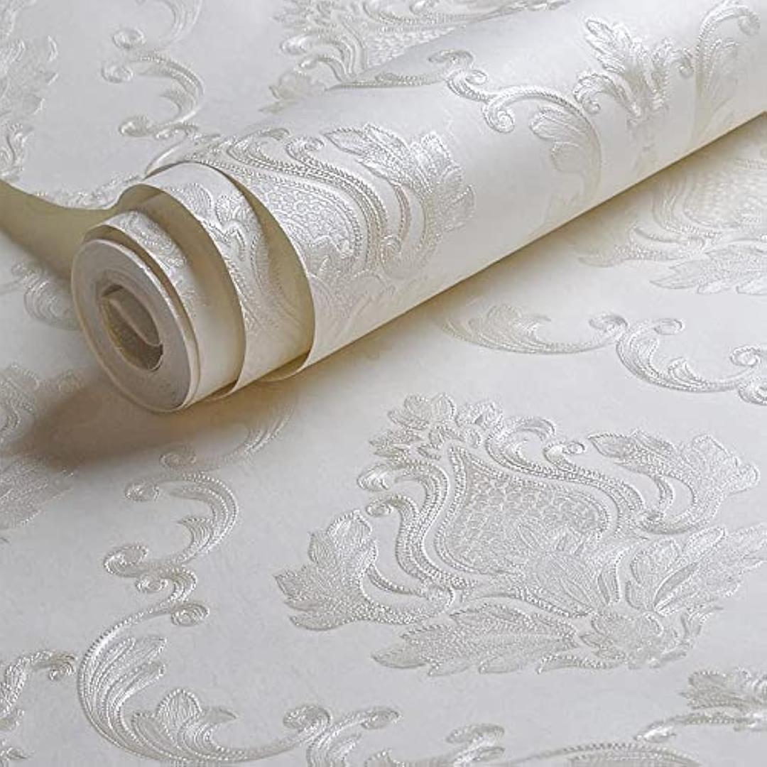 Decorative Floral Wallpaper Non-Woven Cream White Damask Textured Wall Paper Home Decoration,20.8 in X 393.00 in [ Not Peel and Stick ] (Full Roll: 20.8in x 393.0in)