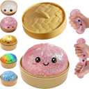 Glitter Dumpling Squishy, Dumpling Squishies, Mystery Box Squeeze Toy, Colorful Stress Balls Fidget Sensory Toy with Steamer,Suitable for Adult use in Offices and Homes (Pink)