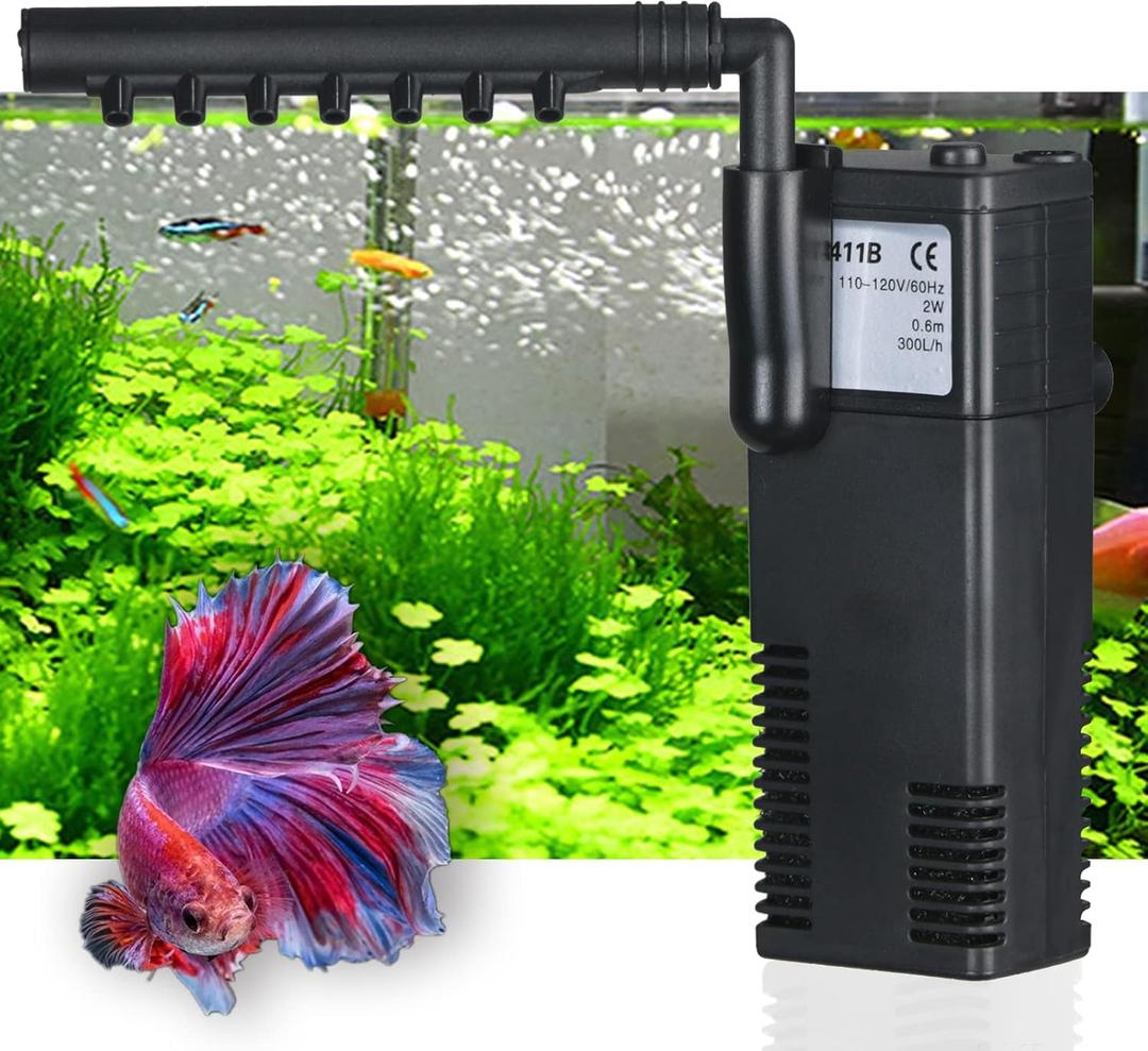 Aquarium Filter Small Betta Fish Tank Filter for 2-15 Gallon Silent 4-in-1 Adjustable Air Flow Fish Turtle Shrimp Tank Filter Submersible Aquarium Internal Filter 79 GPH Biochemical Rainwater