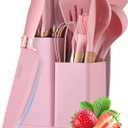 Kitchen Knife Set with Block, Retrosohoo Pink 19PC Silicone Kitchen Utensil Set and Stainless Steel Knife Set, Non-stick Sharp Chef Knife and Cooking Utensils Gift for Women Family (19 in 1)