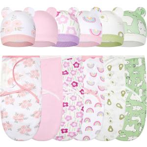 Ramede 6 Pack Swaddle Blanket with Hats for Baby Girl Boy 100% Cotton Swaddles 0-3 Months, Adjustable Breathable Skin Friendly Receiving Blanket Wrap, Essential for Newborns (Pink and Green)