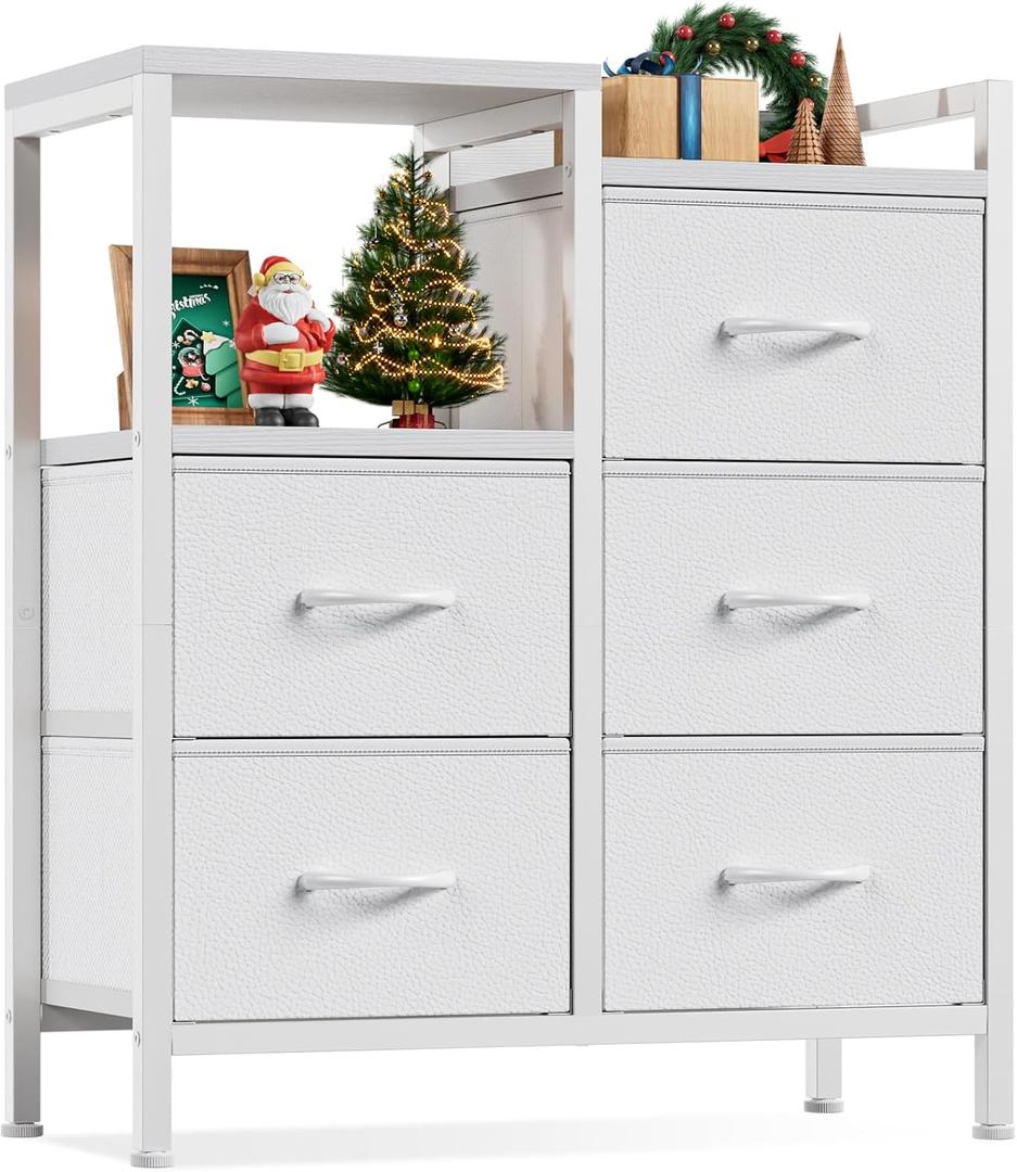 Furnulem 5 Drawer White Dressers for Bedroom 2 Tier Shelf Storage Small Fabric Dresser for Closet Sturdy Metal Frame Modern Style Storage Cabinets Organization Units for Hallway Rooms