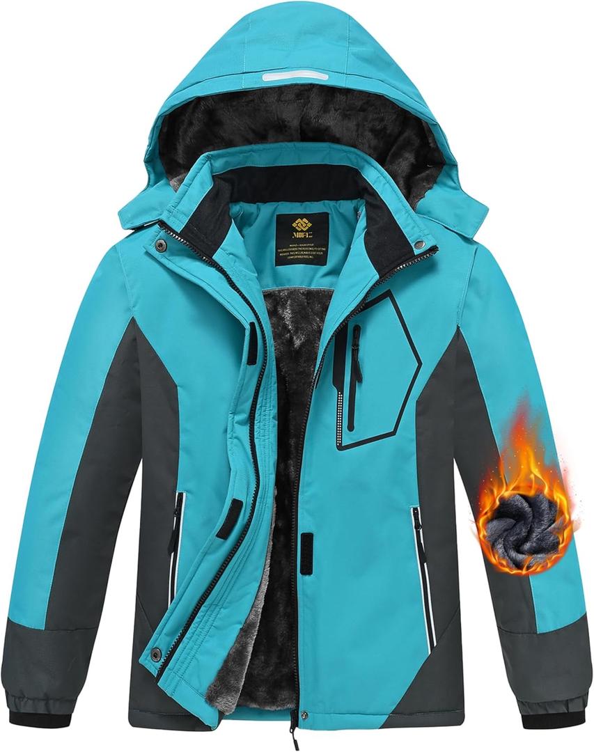 MoFiz Girls Ski Jacket Waterproof Fleece Lined Snowboard Jacket Warm Winter Snow Coats with Removable Hood (Small, Blue)