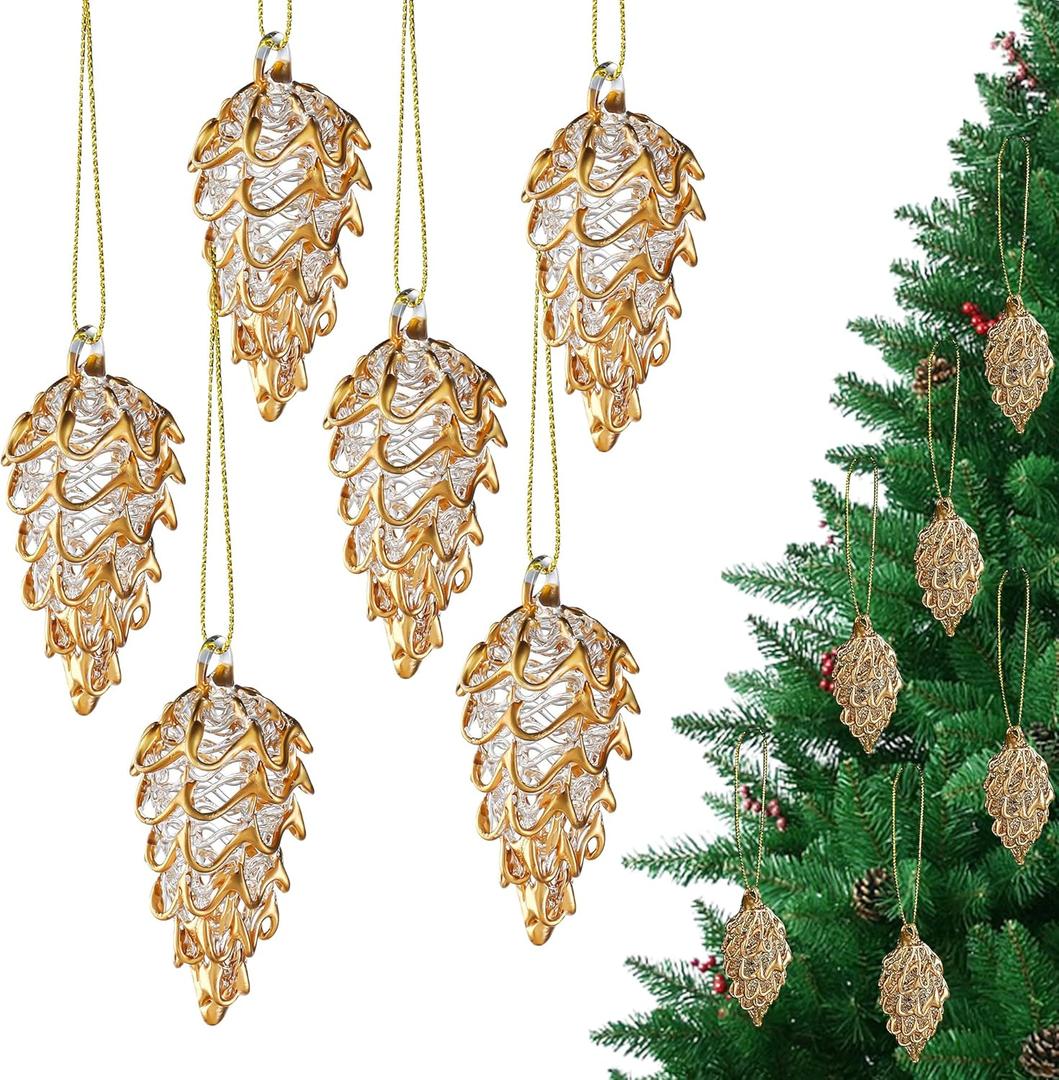 Spun Glass Pine Cone Christmas Ornaments for Tree, Crystal Pinecone Ornament Bulk for Christmas Tree, 2025 Blown Glass Home Decor Xmas Gift, Set of 6 Winter Decor
