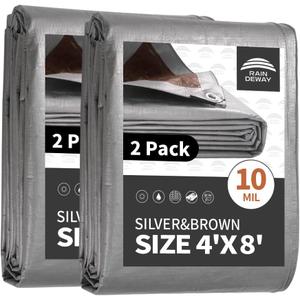 RAINDEWAY 4x8 Feet(2 Pack) Tarps Heavy Duty Waterproof,10Mil Thick Multipurpose Poly Small Tarp Cover with Metal Grommets and Reinforced Edges,Silver/Brown Tarp