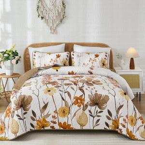 Anibedding Brown Quilt Set Queen Size, Floral Bedspread with 2 Pillowcases, Soft Microfiber Lightweight Coverlet Bedding Set for All Season(96"x90")