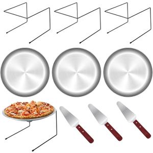 9 Pieces Pizza Pan Riser Stands Sets with 3 Metal Pizza Table Stands 3 Pizza Pans and 3 Wood Handle Pie Server Pizza Serving Tray Display Stands for Pizza Party Dessert Cheese Baking (9 PCS)