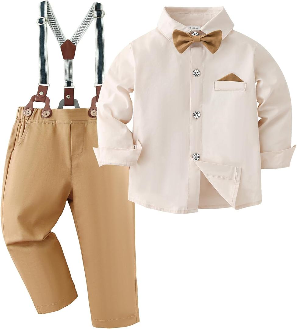 DISAUR Boy Suits Boys Wedding Outfit Dress Shirt with Bowtie/Suspender Pants for Formal Occasion (8-9 Years, Beige)