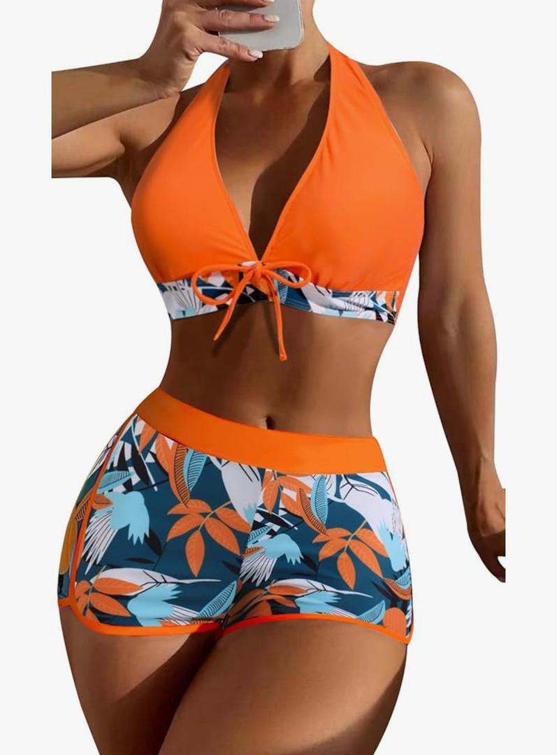FEOYA Women Swimsuits Two Piece Bikini Sets Sexy Swimsuit Lace-up Printed Swimsuit L