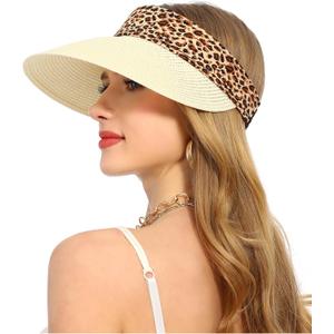 Women Wide Brim Straw Visor Sun Hat UV Protection Packable Beach Cap for Summer UPF 50+
