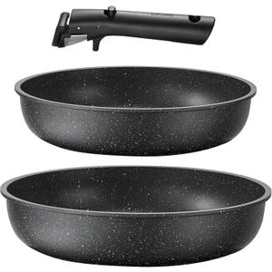 CAROTE 3pcs Pots and Pans Set Non Stick, Cookware Sets, Kitchen Set, Oven/Dishwasher/Fridge Safe, Space Saving Pots Set, Nonstick Set with Versatile Detachable Handle, Induction RV Set, Black