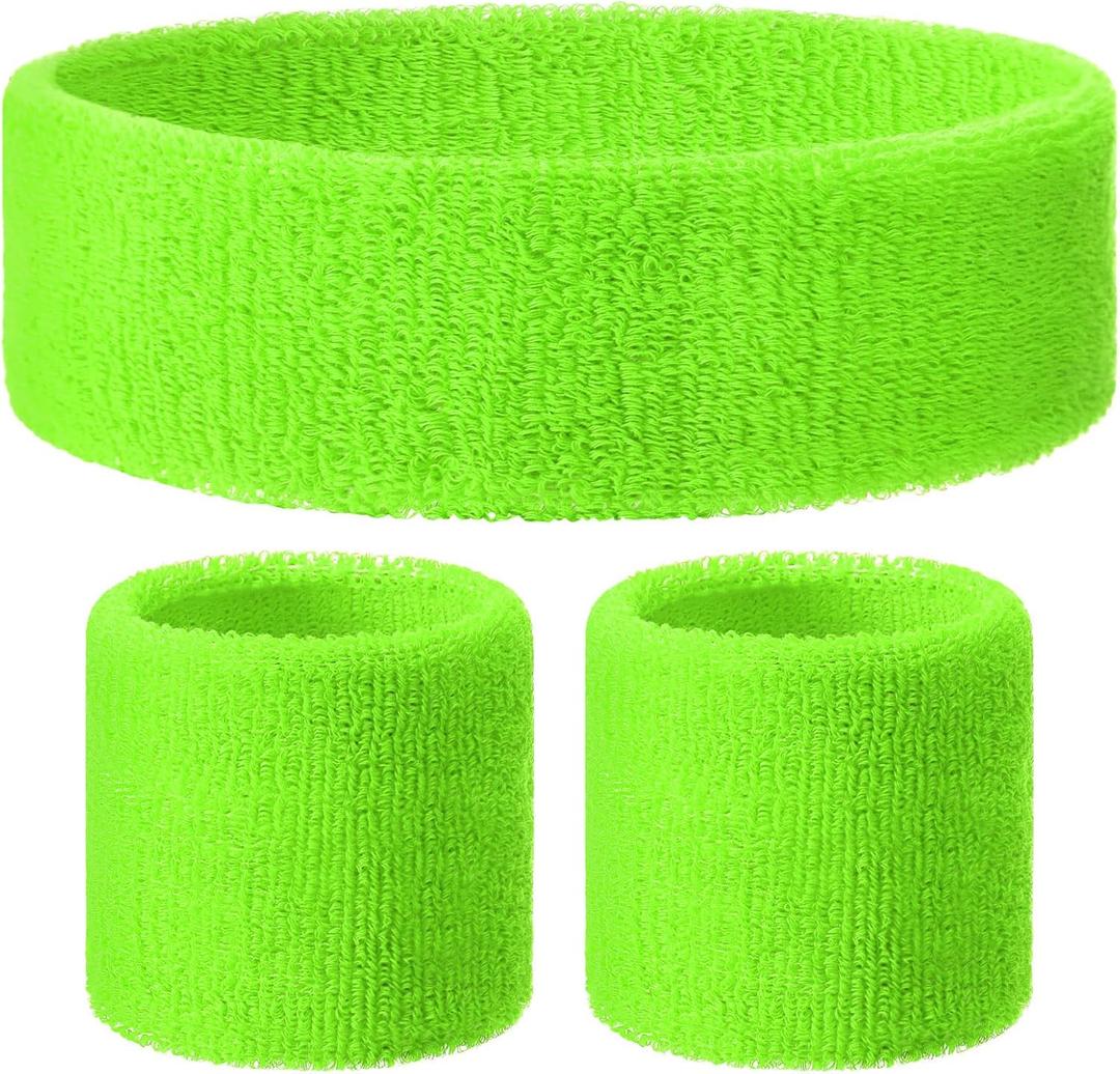 3 Pack Neon Sweatbands Set 80s Wristband and Headband Color War Accessories Sports Sweatbands for Summer Ball Party (Green)