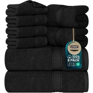 Utopia Towels 8 Piece Premium Towel Set, 2 Bath, 2 Hand, and 4 Wash Cloths, 600 GSM 100% Ring Spun Cotton, Highly Absorbent Towels for Bathroom, Gym, Hotel, and Spa, Black
