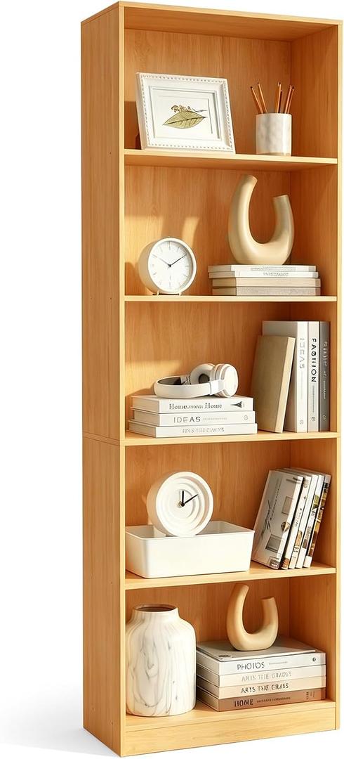 Large Bookshelf, 5-Tier Bookcase,Book Shelf,Open Storage Shelf, 5 Cube Book Shelves with Anti-Tipping Device, 23.6" x 11" x 70.9" Safe Wooden Shelving, for Living Room,Bedroom, Home Office, 23.6" W x 11.02" D x 70.87" H