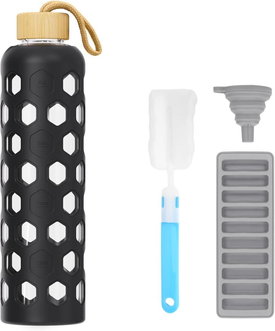 32 oz Glass Water Bottle with Bamboo Lid, Reusable Clear Drinking Bottles with Silicone Sleeve and Time Marker, Motivational Glass Tumbler with Funnel and Ice Tray, BPA Free (Black-1 Pack)