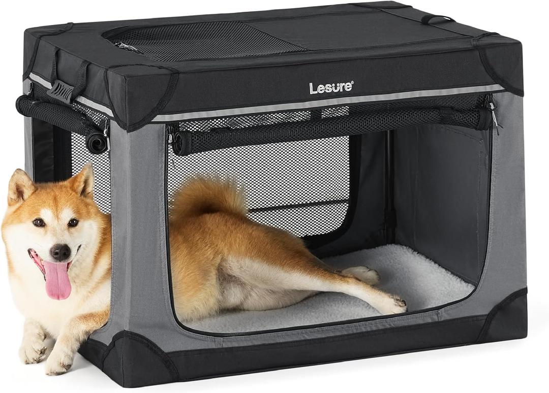 Lesure Soft Collapsible Dog Crate - 30 Inch Portable Travel Crate for Medium Dogs Indoor & Outdoor, 4-Door Foldable Pet Kennel with Mesh Windows, Black