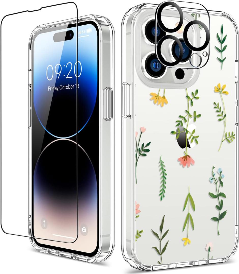 GiiKa for iPhone 14 Pro Max Case with Screen Protector, 6.7" Clear Full Body Shockproof Protective Floral Girls Women Hard Case with TPU Bumper Cover Phone Case for iPhone 14 Pro Max, Grass Flowers