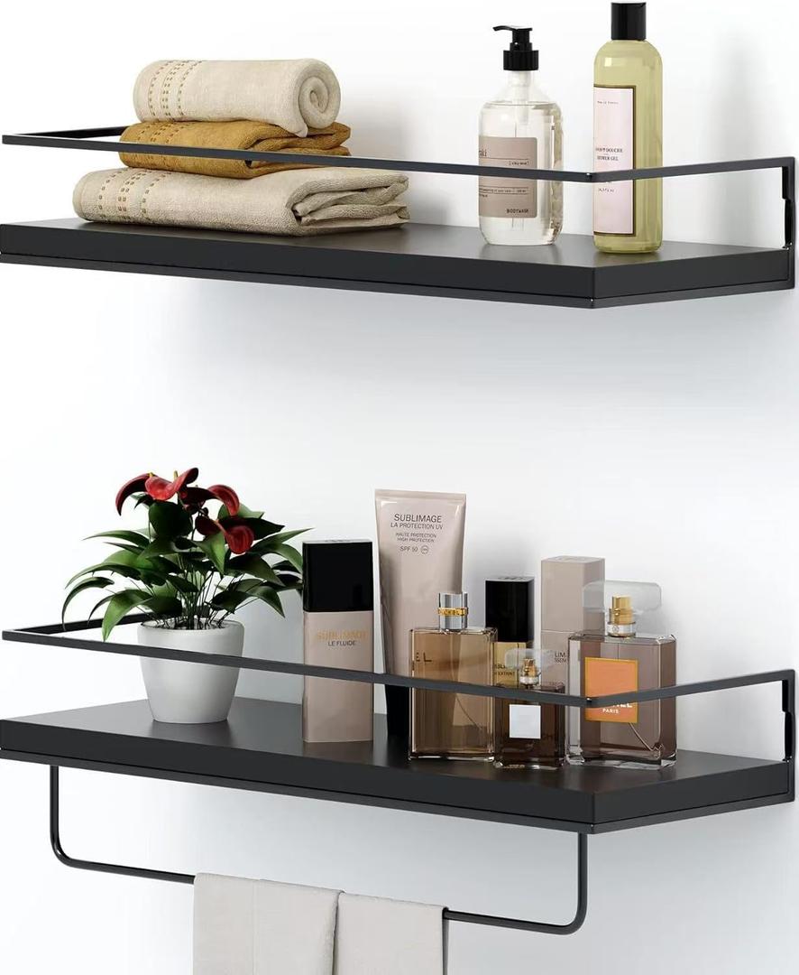Shario Black Floating Shelves - Set of 2, Wall Mounted Hanging Shelves with Black Towel Rack, Decorative Storage Shelves for Bathroom, Kitchen, Living Room & Bedroom