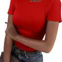 Roselux Women Crew Neck Ribbed Fitted Tight Tshirt Short Sleeve Shirt Basic Knit Top (Red, M)