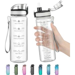 Enerbone Water Bottle, Leakproof BPA & Toxic Free, Motivational Water Bottle with Times to Drink and Straw, Fitness Sports Water Bottle with Strap for Office, Gym, Outdoor Sports, 2 pack