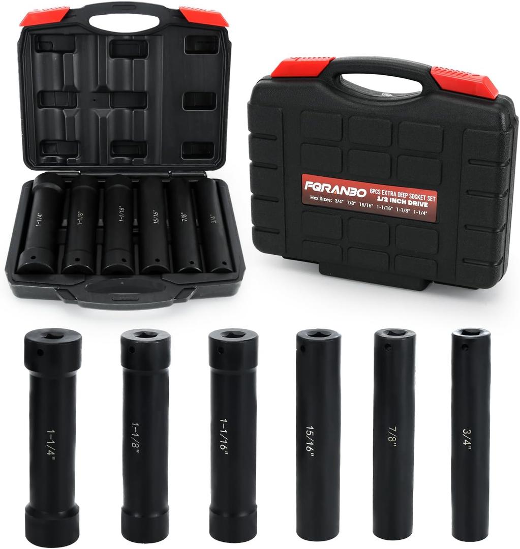 1/2 Inch Drive Extended Length Impact Socket Set, 6 Sizes Extra Deep Socket Set - Hex 3/4", 7/8", 15/16", 1-1/16", 1-1/8", 1-1/4" for High Torque Use (Extended Length)