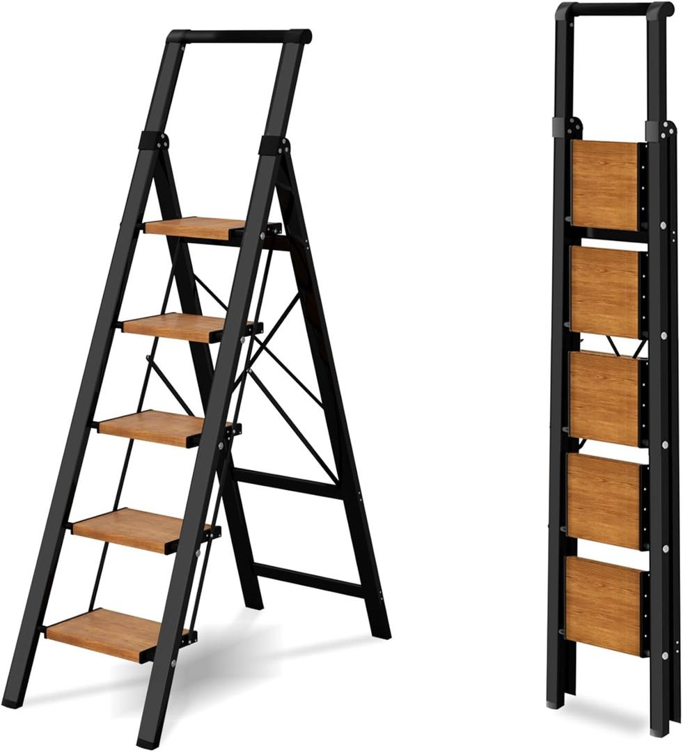 5 Step Ladder, Lightweight Folding Step Stool with Anti-Slip Aluminum Wide Pedal& Convenient Handgrip, 330lbs Capacity Steel Ladder for Household and Office (Black&Woodgrain) 5 Step Ladder, Lightweight Folding Step Stool with Anti-Slip Aluminum Wide Pedal& Convenient Handgrip, 330lbs Capacity Steel Ladder for Household and Office (Black&Woodgrain)
