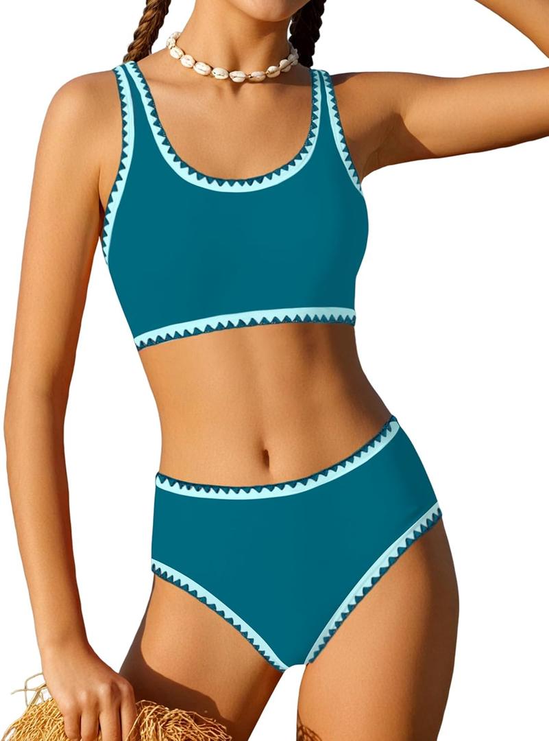 WIQI Girls Swimsuits Bikini Set 2 Piece Bathing Suit Color Contrast Trim Swimwear Size 7-16 (13-14 Years, Blue Green-a)