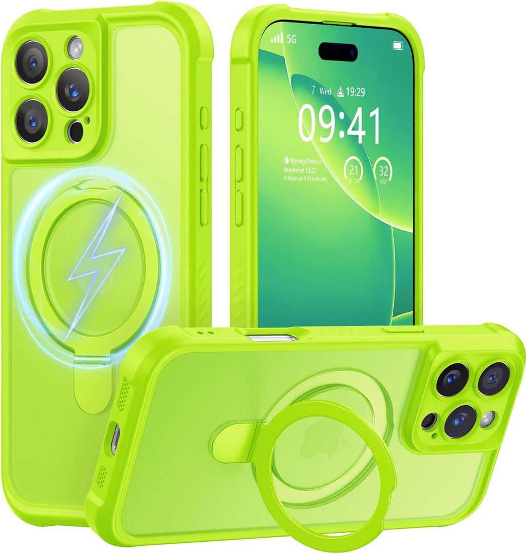 MOCCA Design for iPhone 16 Pro Case with Magnetic Invisible Stand [Full Camera Protection] [Compatible with Magsafe] Military Drop Shockproof Translucent Matte Phone Case Cover 6.3",Fluorescent Green