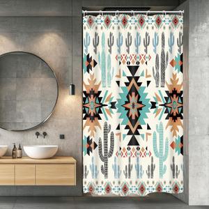 Newsely Small Stall Western Aztec Cactus Shower Curtain 36Wx72L Inch RV Boho Geometry Narrow Aesthetic Minimalism Adults Bathroom Set Vintage Waterproof Bath Decoration Accessories Home Decor