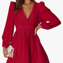 FAIABLE Mini Deep V Sexy Long Sleeve Dress for Women A-line High Waisted Casual Flowy Dress for Cocktail Wedding Guest S