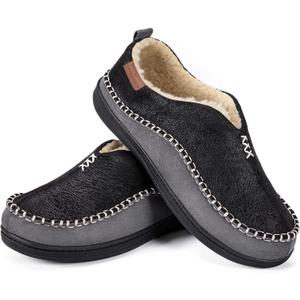 EverFoams Men's Moccasin Slippers Memory Foam Indoor/Outdoor Warm Suede House Shoes with Fuzzy Sherpa Lining (8, Black)