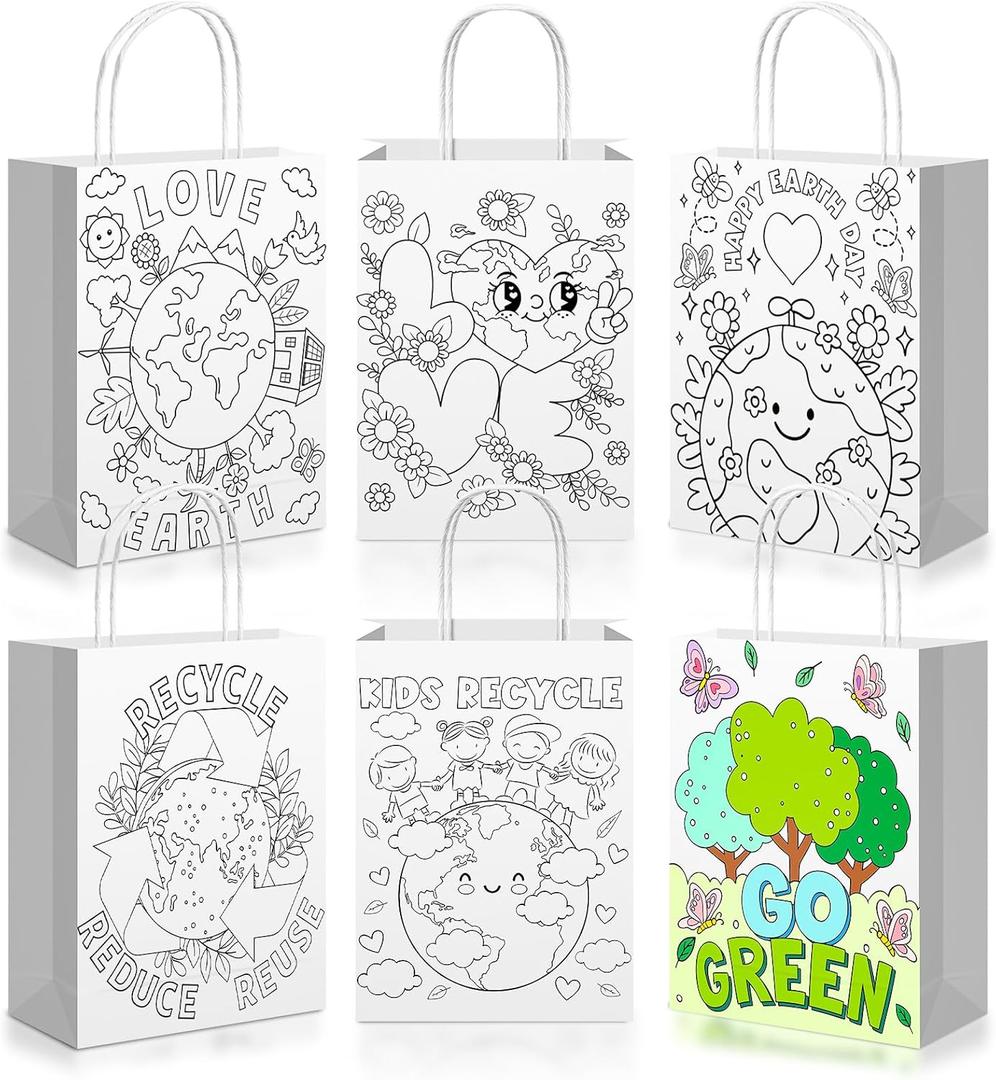 Saypacck 24 Pcs Color Your Own Earth Day Bags Reusable Earth Day Coloring Goodies Gift Bags Recycle Reuse Love Earth Kraft Paper Tote Candy Bags Green Earth Bags for Earth Day Party Supplies
