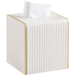 Square PU Leather Tissue Box Cover with Magnetic Closure, Decorative Tissue Holder & Storage Container for Bedroom, Living Room, Dining Room, Bathroom, Countertop, Desk & Office (White)