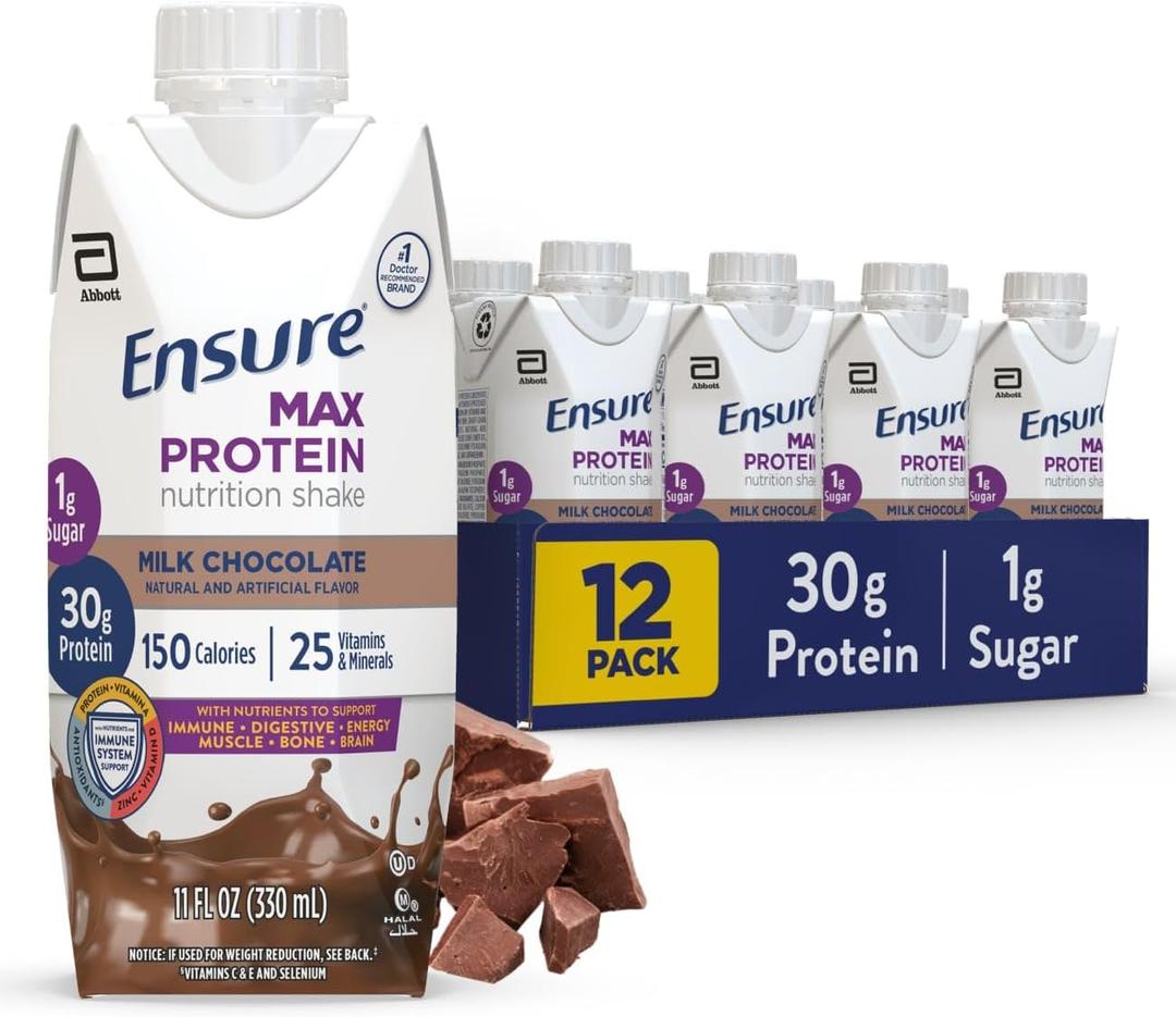 Ensure Max Protein Shake | Milk Chocolate | Ready to Drink | 30g Protein for Muscle Health | 1g Sugar, 4g Fiber | 11 fl oz, 12 Pack (BB: 09/2026)