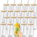 YOUKE OLA 20 Pack Glass Cups with Bamboo Lids and Metal Straw Can Shaped Drinking Glasses, Glass Tumbler Reusable Cute Cups for Whiskey, Iced Coffee, Tea, Soda, Cocktail, Gift, Clear 20oz