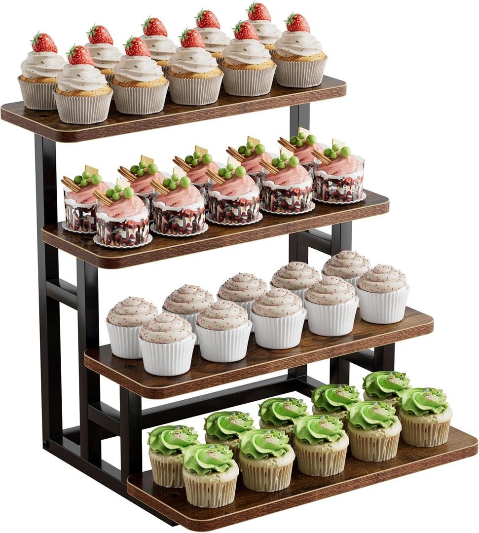 ZUJJAFY Cupcake Stand, Tiered Tray Stand for 50 Cupcakes, 4 Tier Dessert Stands with Metal Frame, Wooden Risers Display Stands for Vendor Events, Party