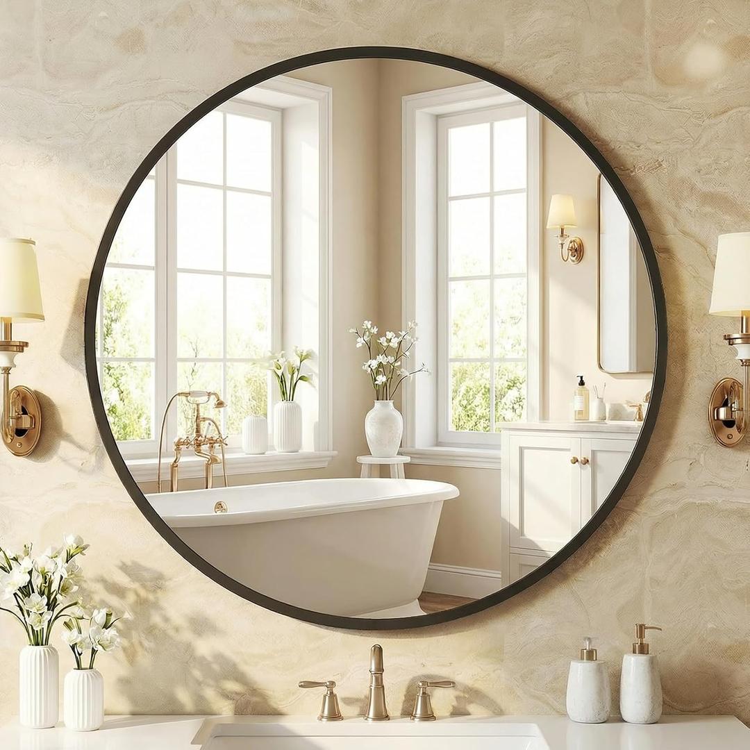 NEWBULIG 30 Inch Round Wall Mirror, Bathroom Mirror for Over Sink, Matte Metal Framed Circle Vanity Mirror, Wall Decor for Bedroom, Entryway, Anti-Rust, Tempered Glass, Hanging or Leaning, Black