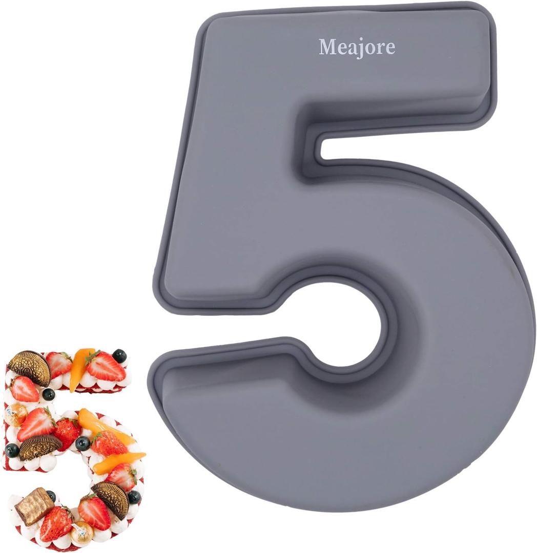 Meajore 3D Large Number Cake Mould,Silicone Baking Letter Ectangle Novel Cake Tins for Birthday Festival and Relationship Marry Anniversary Wedding Party, 10 inch Number of 5