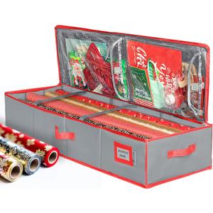 2 x HOLDN' STORAGE Premium Wrapping Paper Storage Container - Durable 600D Tear-Proof, Fits 27 Rolls Gift Wrap, Extra Pockets for Ribbons & Bows, Underbed Storage - Ideal for Holiday Christmas, Grey/Red Trim