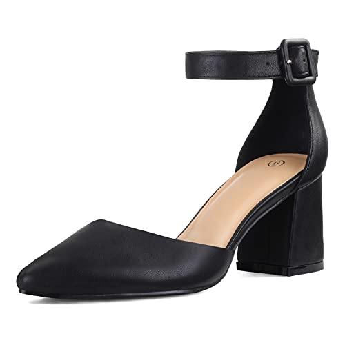 mysoft Women's Pointed Toe Low Chunky Heels Closed Toe Ankle Strap Dress Pump Shoes - Size 6