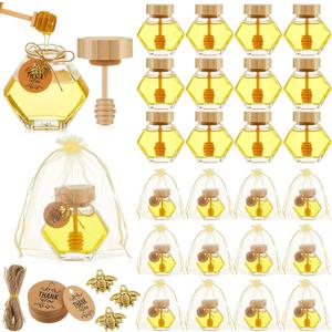Pickmesh 24 Pcs Hexagonal Glass Honey Jars with Spoon, 3.38 oz Honey Dispenser with Wooden Spoon Bee Charm Thank You Card Organza Bag Mini glass Jars for Baby Shower Wedding Party Favor Decorations