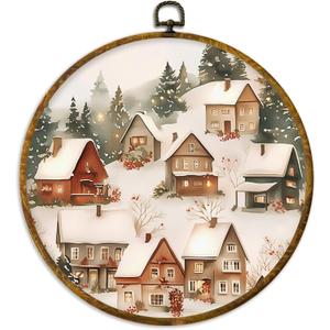XPH Vintage Christmas Winter Village Round Wall Art Framed, Rustic Winter Snowy Circle Wall Decor, Cozy Christmas Landscape Hanging Canvas Prints for Home Bedroom Living Room Decoration, 10x10 Inch