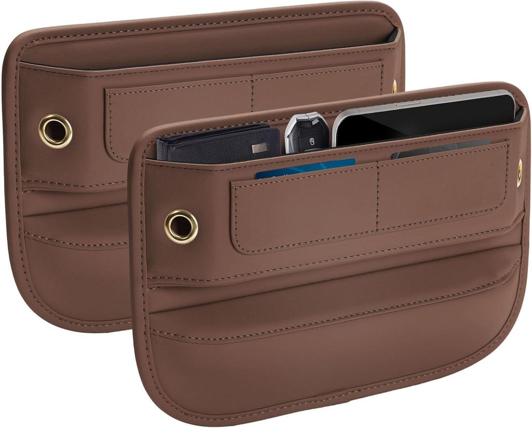 Premium Leather Seat Gap Filler Organizer, Universal Fit Car Accessories for Women/Men Interior, Center Console Organizer With Card Slots for SUV Truck (Brown, 2 Pack)